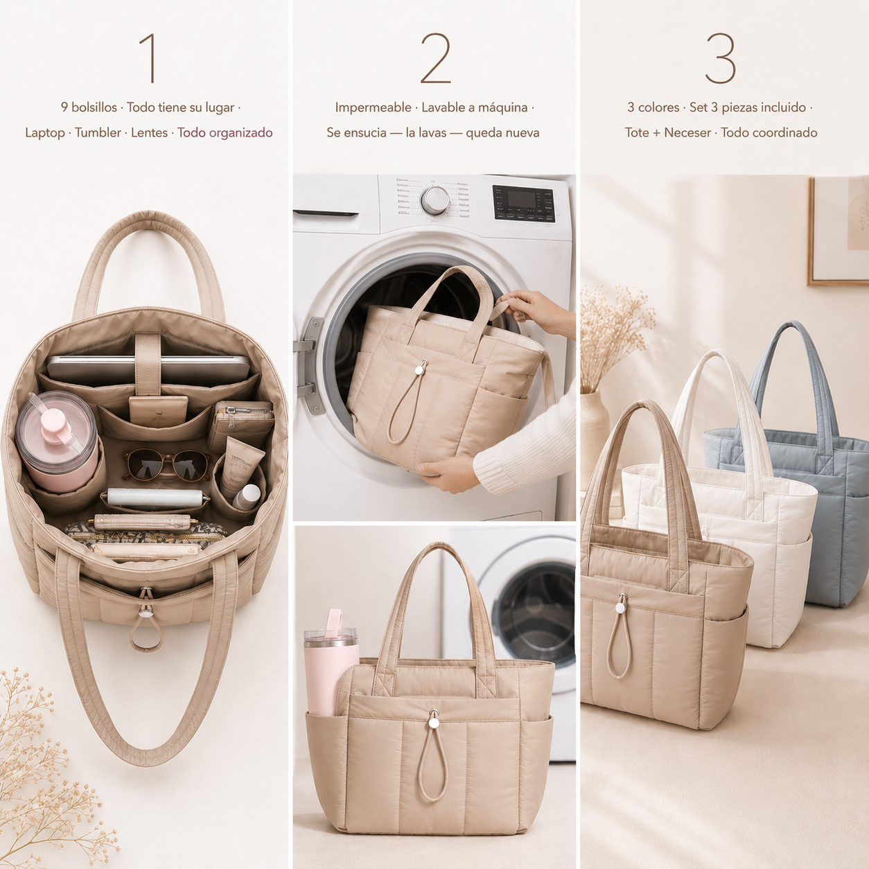 Tote Bag Puffer · La bolsa nube que cabe todo tu mundo — elegante, organizada, impermeable y lavable a máquina