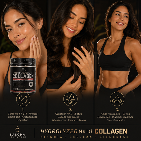 Sascha Fitness Multi Collagen · El colágeno hidrolizado más completo — piel firme, cabello fuerte, uñas duras y articulaciones sanas en un solo scoop