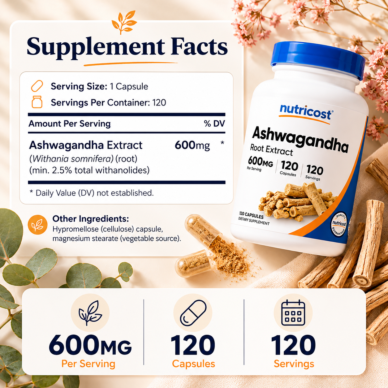 Ashwagandha 600mg · El adaptógeno que calma tu sistema nervioso desde adentro