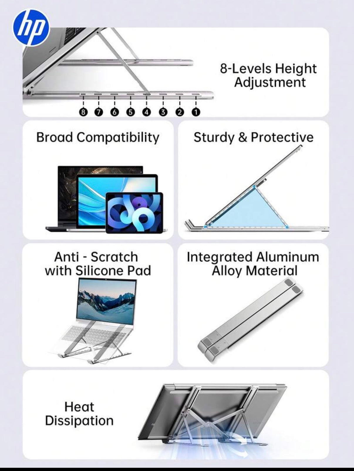 Soporte para Laptop HP Ajustable · Trabaja sin dolor de cuello, con tu laptop a la altura correcta — 8 niveles, aleación de aluminio, plegable
