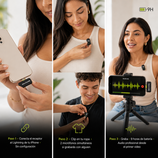 Hollyland LARK A1 · El micrófono inalámbrico que hace que tu voz suene profesional en reels, lives y videos — directo a tu iPhone, sin cables