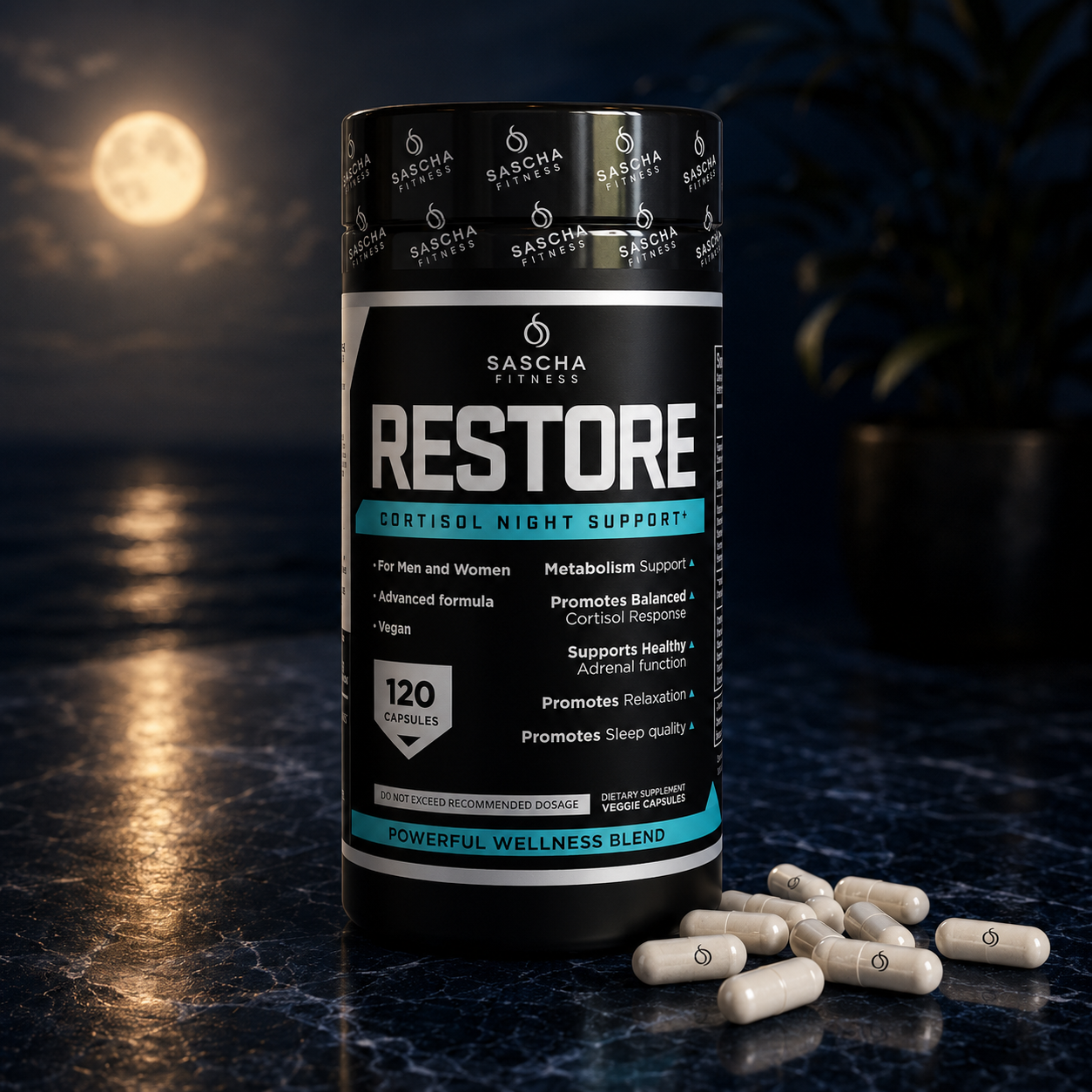 Sascha Fitness RESTORE · El suplemento nocturno que baja el cortisol, restaura tus glándulas adrenales y te hace despertar como nueva