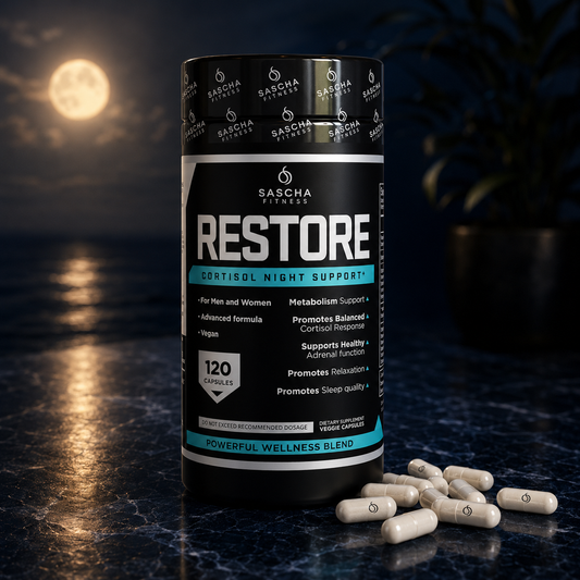 Sascha Fitness RESTORE · El suplemento nocturno que baja el cortisol, restaura tus glándulas adrenales y te hace despertar como nueva