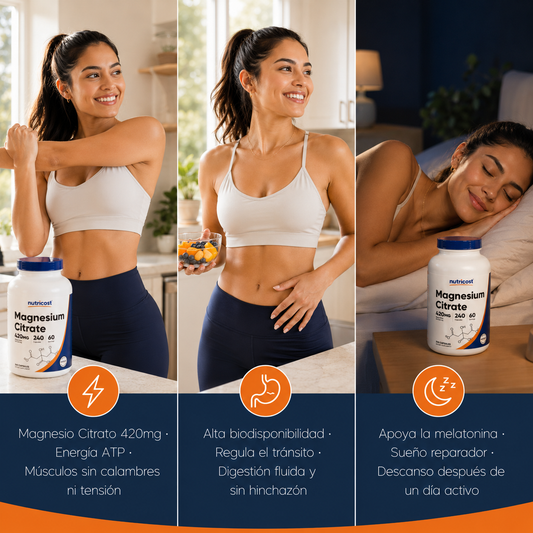 Nutricost Magnesium Citrate · El magnesio del día — energía, músculos, digestión y sueño reparador en un solo suplemento