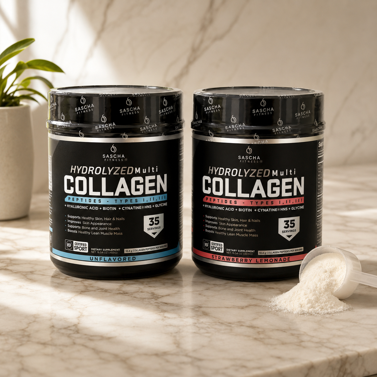 Sascha Fitness Multi Collagen · El colágeno hidrolizado más completo — piel firme, cabello fuerte, uñas duras y articulaciones sanas en un solo scoop