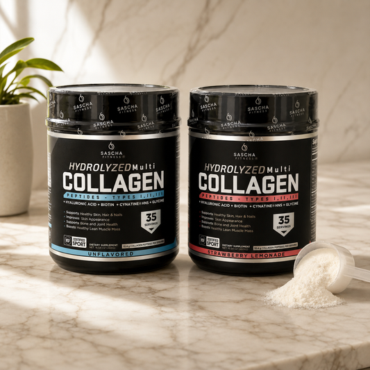 Sascha Fitness Multi Collagen · El colágeno hidrolizado más completo — piel firme, cabello fuerte, uñas duras y articulaciones sanas en un solo scoop