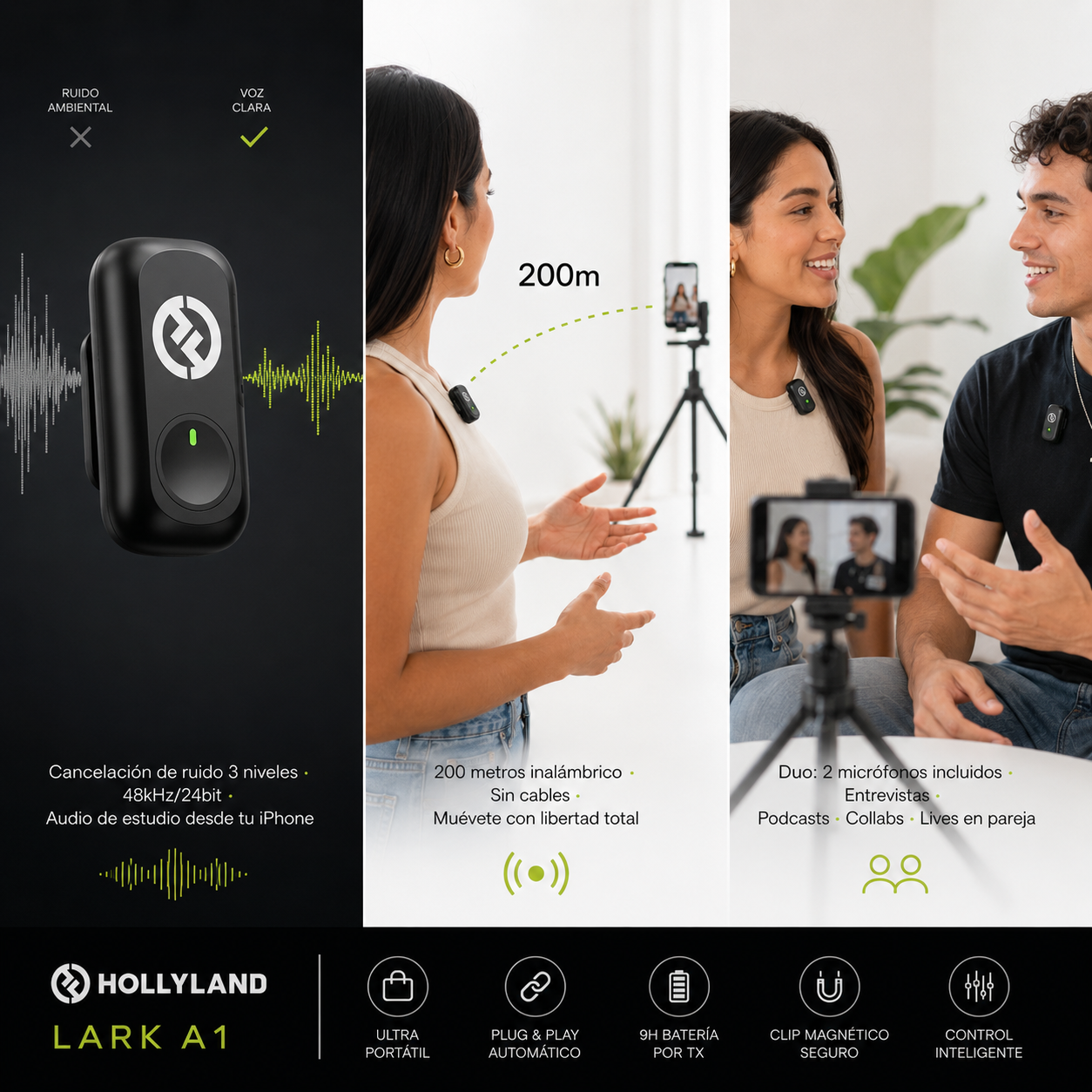 Hollyland LARK A1 · El micrófono inalámbrico que hace que tu voz suene profesional en reels, lives y videos — directo a tu iPhone, sin cables