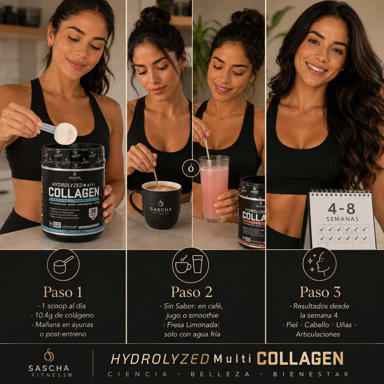 Sascha Fitness Multi Collagen · El colágeno hidrolizado más completo — piel firme, cabello fuerte, uñas duras y articulaciones sanas en un solo scoop
