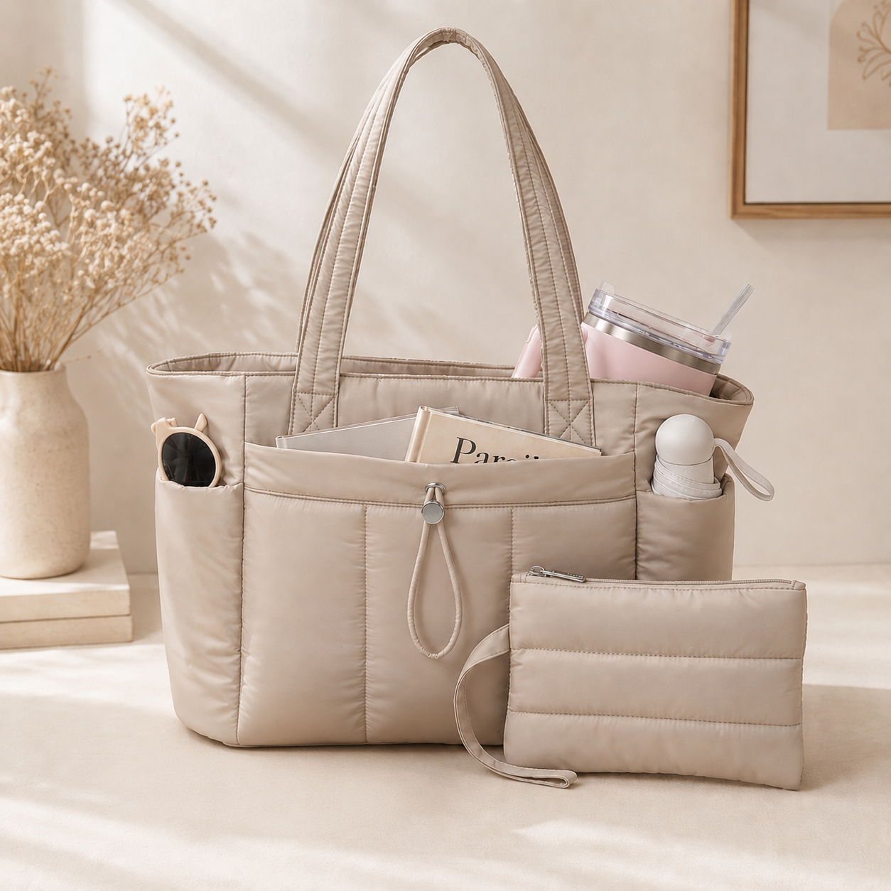 Tote Bag Puffer · La bolsa nube que cabe todo tu mundo — elegante, organizada, impermeable y lavable a máquina
