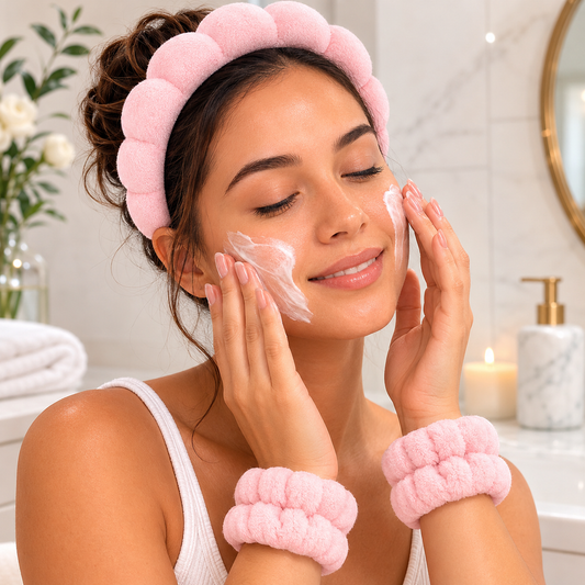 Set Diadema + Muñequeras Esponjosas para Skincare · Cuídate la cara sin mojarte la ropa ni el cabello — el set que convierte tu rutina en un ritual
