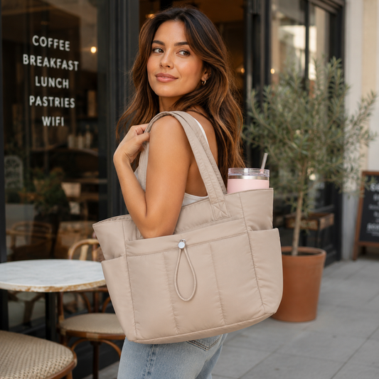 Tote Bag Puffer · La bolsa nube que cabe todo tu mundo — elegante, organizada, impermeable y lavable a máquina