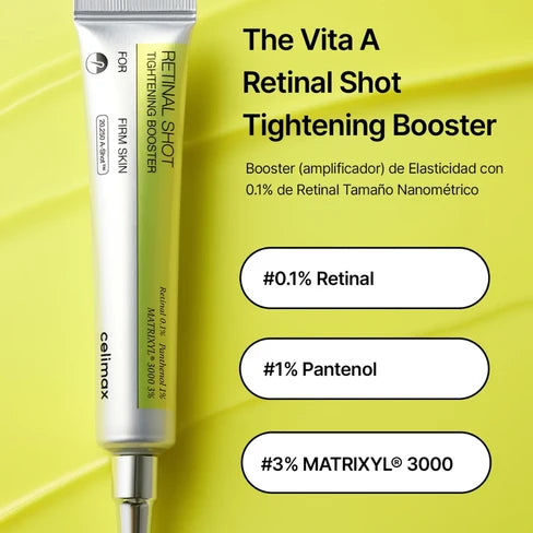 Celimax Retinal Shot Tightening Booster · El retinal coreano que afirma, borra poros y renueva tu piel — sin irritación