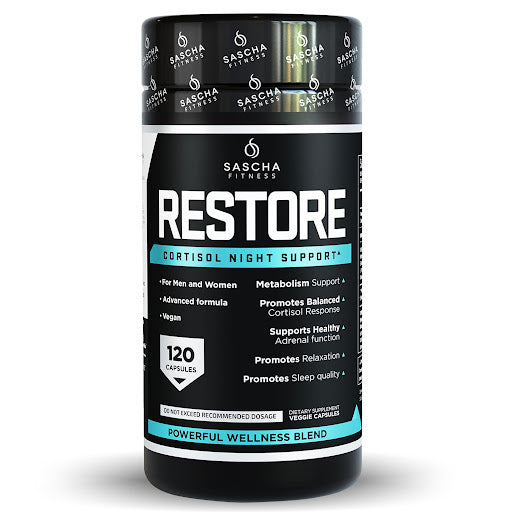 Sascha Fitness RESTORE · El suplemento nocturno que baja el cortisol, restaura tus glándulas adrenales y te hace despertar como nueva