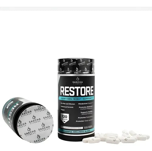 Sascha Fitness RESTORE · El suplemento nocturno que baja el cortisol, restaura tus glándulas adrenales y te hace despertar como nueva
