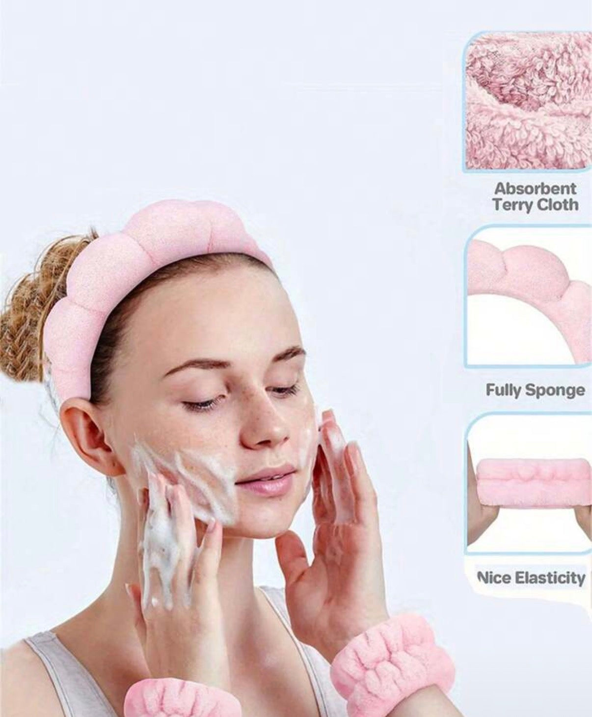 Set Diadema + Muñequeras Esponjosas para Skincare · Cuídate la cara sin mojarte la ropa ni el cabello — el set que convierte tu rutina en un ritual
