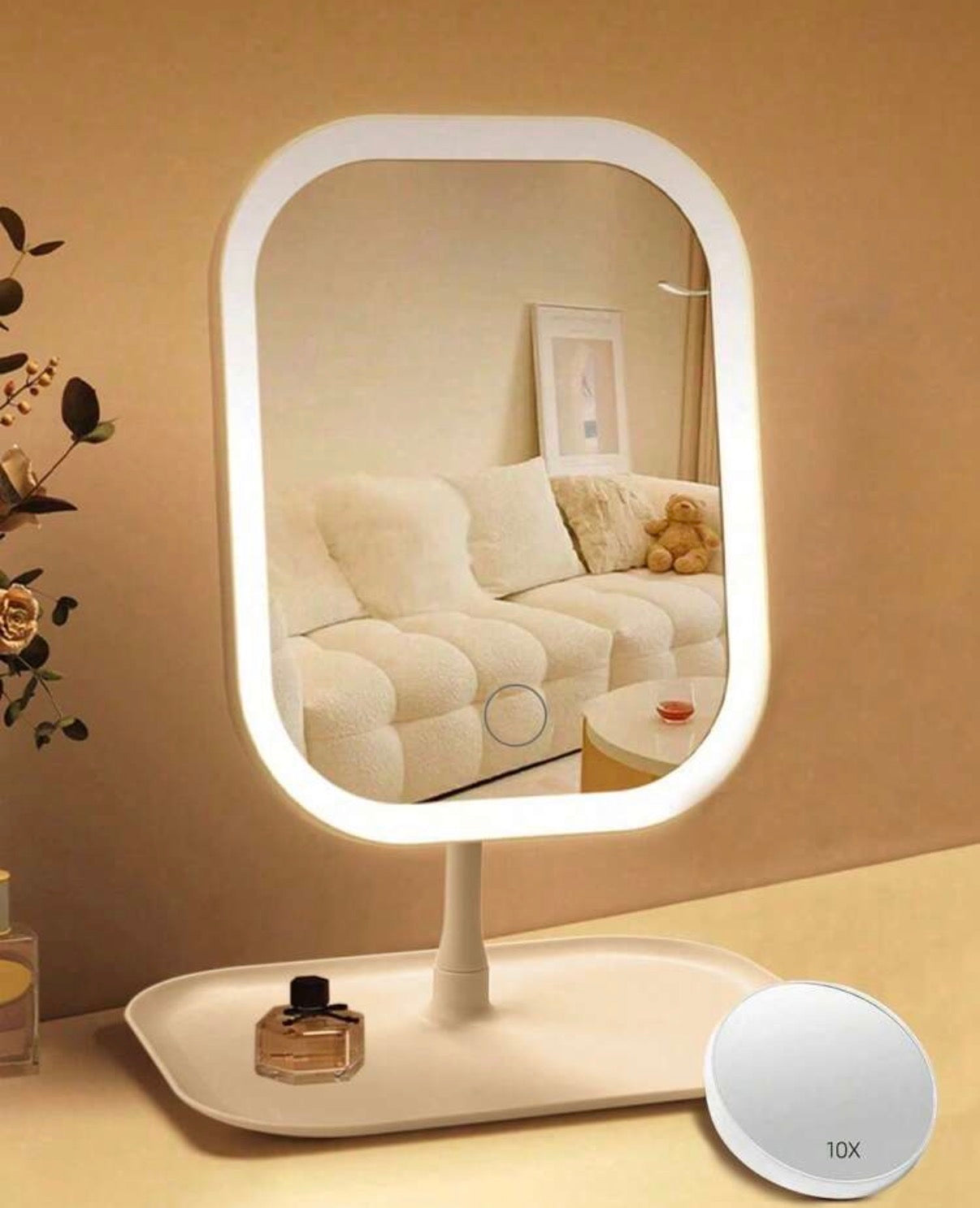Espejo de Tocador LED con Luz y Base Bandeja · Tu rincón de maquillaje con luz profesional — 3 modos de luz, aumento 10x y espacio para tus productos
