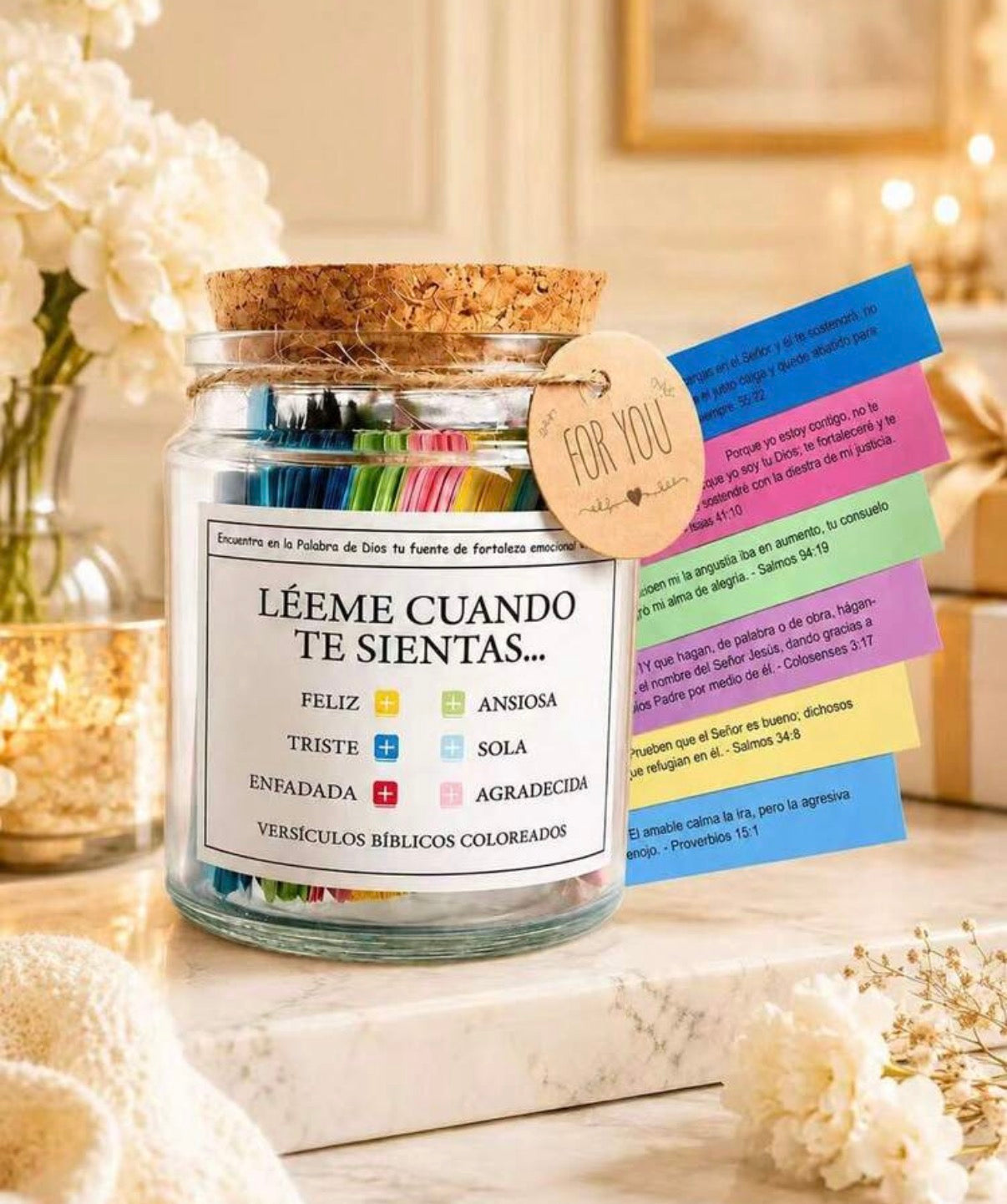 Frasco de Versículos Bíblicos “Léeme Cuando Te Sientas…” · El regalo que acompaña en cada emoción — 90 versículos en español organizados por lo que sientes