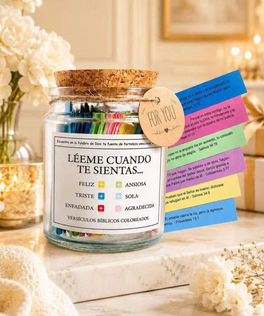 Frasco de Versículos Bíblicos “Léeme Cuando Te Sientas…” · El regalo que acompaña en cada emoción — 90 versículos en español organizados por lo que sientes