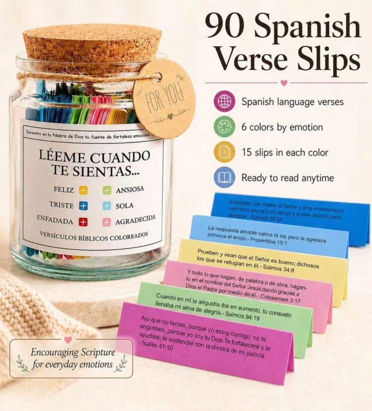 Frasco de Versículos Bíblicos “Léeme Cuando Te Sientas…” · El regalo que acompaña en cada emoción — 90 versículos en español organizados por lo que sientes