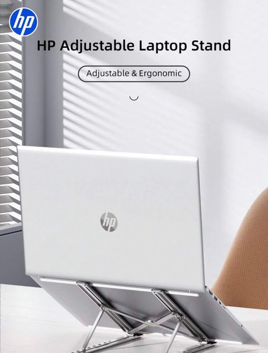 Soporte para Laptop HP Ajustable · Trabaja sin dolor de cuello, con tu laptop a la altura correcta — 8 niveles, aleación de aluminio, plegable